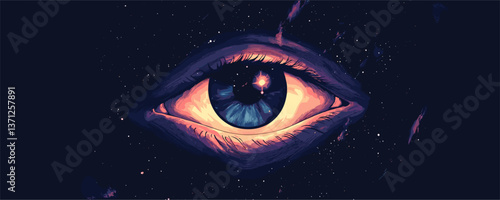 Cosmic eye in space nebula with starburst and galaxies, surreal artwork, vector