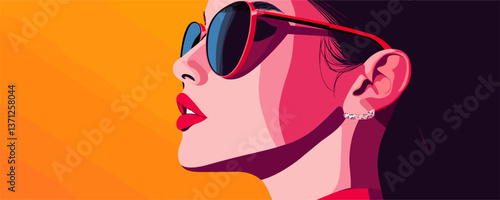 Stylish woman in sunglasses facing sideways with bold colors - vector