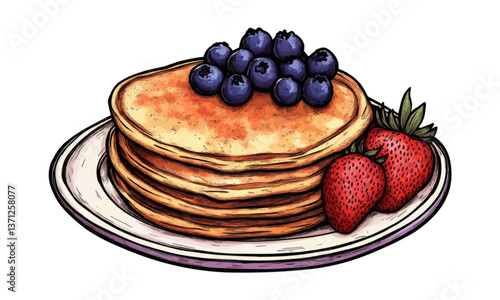 Stack of pancakes on a plate with fresh blueberries and strawberries