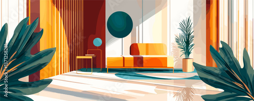 Modern living room interior with orange sofa and plants, minimalist art deco style vector