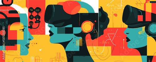 Futuristic scene with diverse people wearing virtual reality headsets - vector