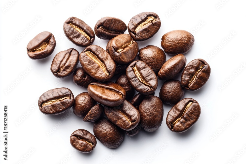 Dark roasted coffee beans scattered artistically on a clean white backdrop showcasing their rich texture and aroma Dark roasted coffee beans scattered artistically on a clean white backdrop showcasing their rich texture and aroma