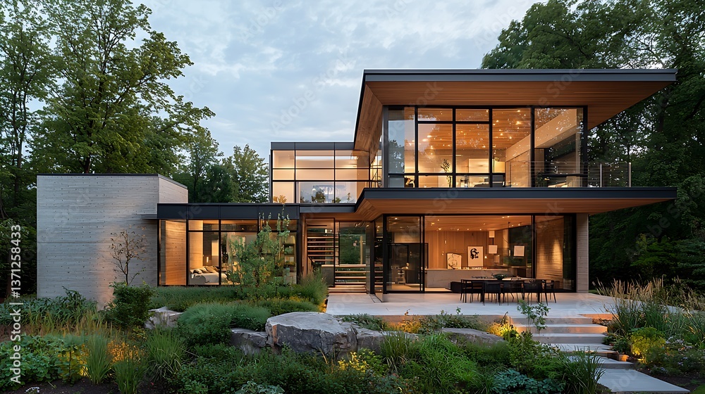 Modern luxury home nestled in a verdant landscape Modern luxury home nestled in a verdant landscape