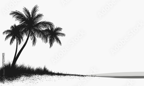 Serene beach scene with palm trees and gentle waves in black and white vector