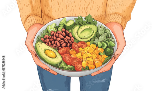 Healthy vegetarian dinner. Woman in jeans and warm sweater holding bowl with fresh salad, avocado, grains, beans, roasted vegetables, close-up. Superfood, clean eating, vegan, dieting food