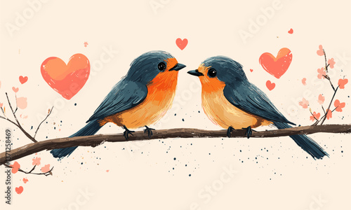 Cute lovebirds on branch with hearts and flowers, romantic nature scene, vector