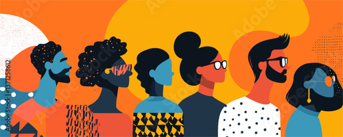 Diverse group of stylish people in modern abstract design, colorful vector