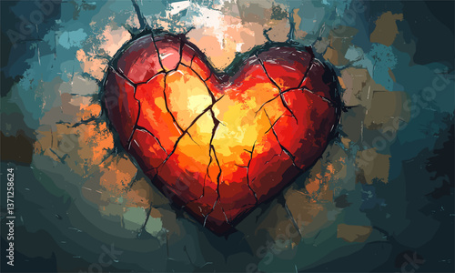 Cracked heart with artistic texture on abstract background, vibrant colors vector