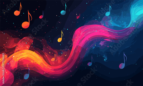 Colorful musical notes and vibrant waves on dark background vector