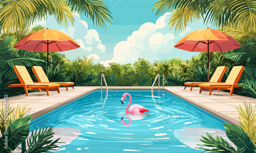 Flamingo poolside paradise with tropical loungers and umbrellas - vector