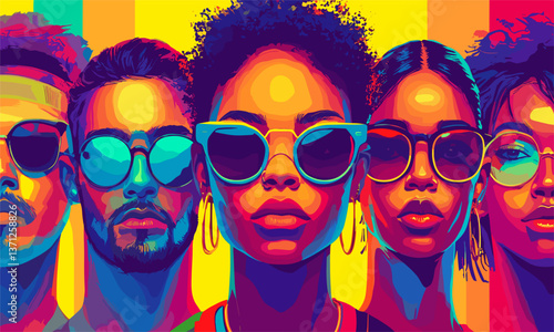Colorful portraits of stylish individuals wearing sunglasses against vibrant background - vector