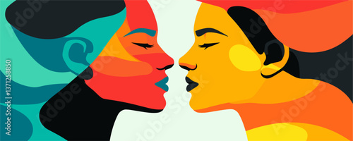 Colorful side profile portraits of two women kissing in abstract art style - vector