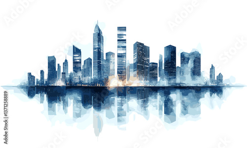 Futuristic cityscape with reflections on water, skyline at dawn - vector