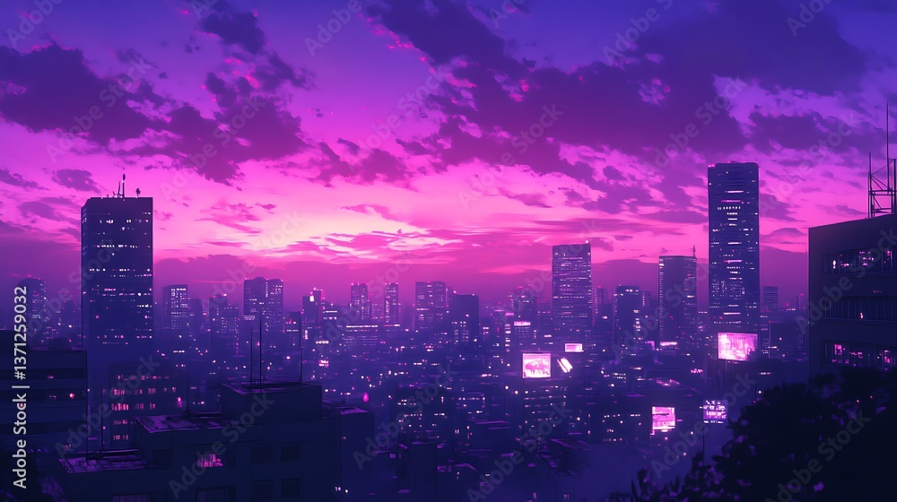 Obraz premium Purple city skyline at night with glowing lights and clouds image