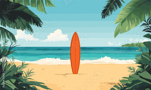 Orange surfboard on tropical beach with ocean waves and palms, seaside vacation vector