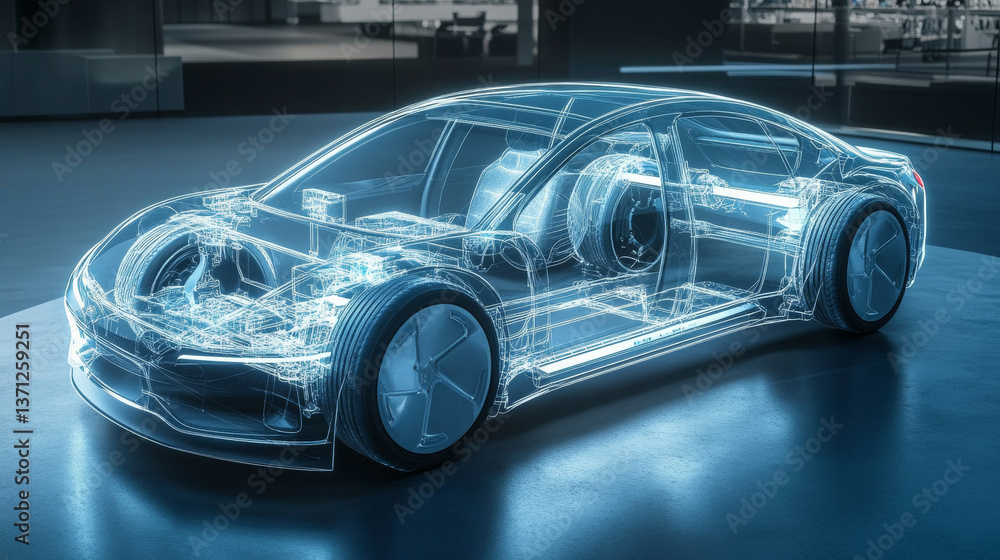 Group of Automobile Design Engineers Working on Augmented Reality 3D Model Prototype of Electric Car Chassis. Automotive Innovation Facility: 3D Concept Vehicle Frame Generated with 3D CAD Software. Group of Automobile Design Engineers Working on Augmented Reality 3D Model Prototype of Electric Car Chassis. Automotive Innovation Facility: 3D Concept Vehicle Frame Generated with 3D CAD Software.