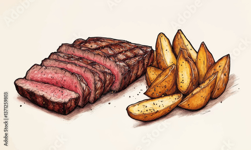 Sliced Grilled Steak With Roasted Potato Wedges and Seasoning