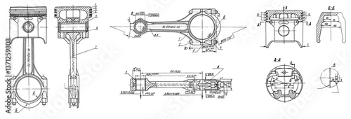 Piston and connecting rod of motorcycle, car engine.
Engineering mechanical drawing. Technical machine
computer cad scheme. 
Technology mechanic design with dimension line 
on white paper sheet. 