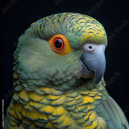 Close-up portrait of a parrot, showcasing its vibrant green, yellow, and blue feathers with incredible detail. The dark background enhances the parrot’s colors and fine feather patterns.