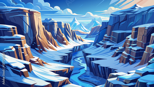 snow covered cliffs in a frozen canyon, winter landscape