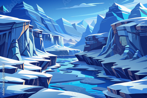 snow covered cliffs in a frozen canyon, winter landscape