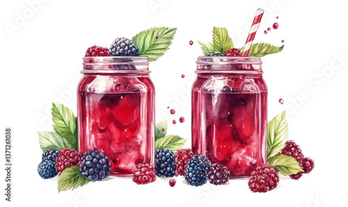 Juicy red liquid in a jar with mixed berries and green leaves, blend, syrup, bottle
