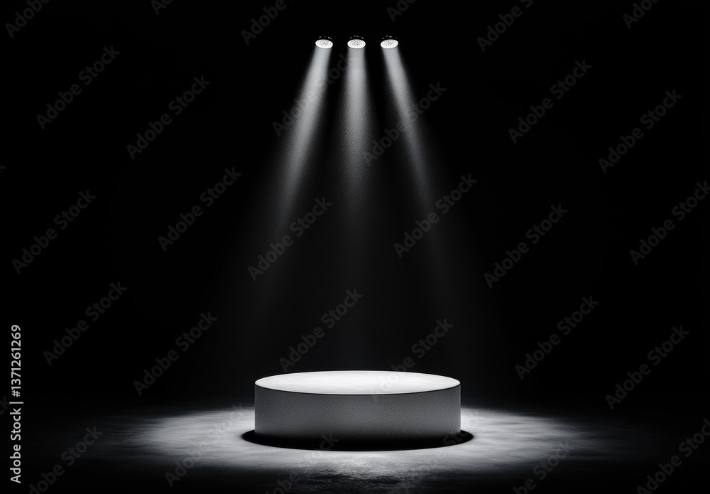 Spotlight on Round Platform in Dark Empty Studio Space Spotlight on Round Platform in Dark Empty Studio Space