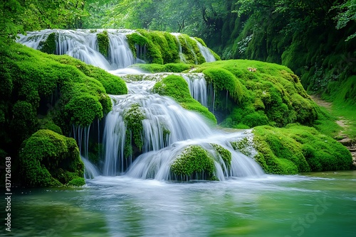 Tranquil waterfall cascading down moss-covered rocks, creating a serene and natural retreat