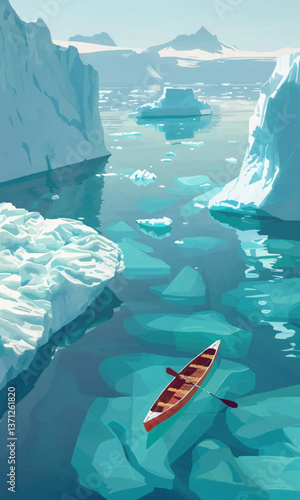 illustration of aerial view of canoe floating in calm clear water with icebergs in Greenland in daylight