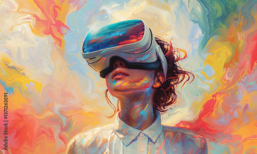 illustration of calm woman in modern VR goggles interacting with virtual reality against colorful abstract background