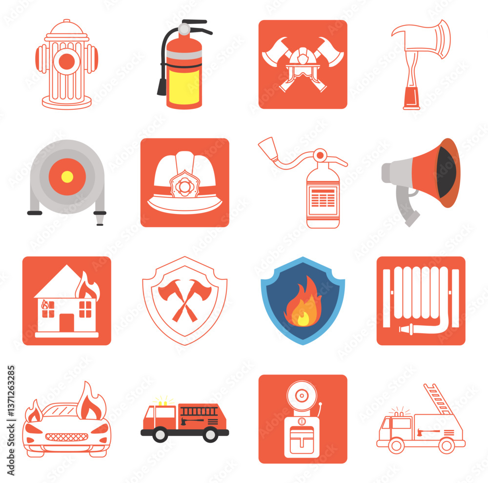 Set of firefighter vector icons on a white background Set of firefighter vector icons on a white background