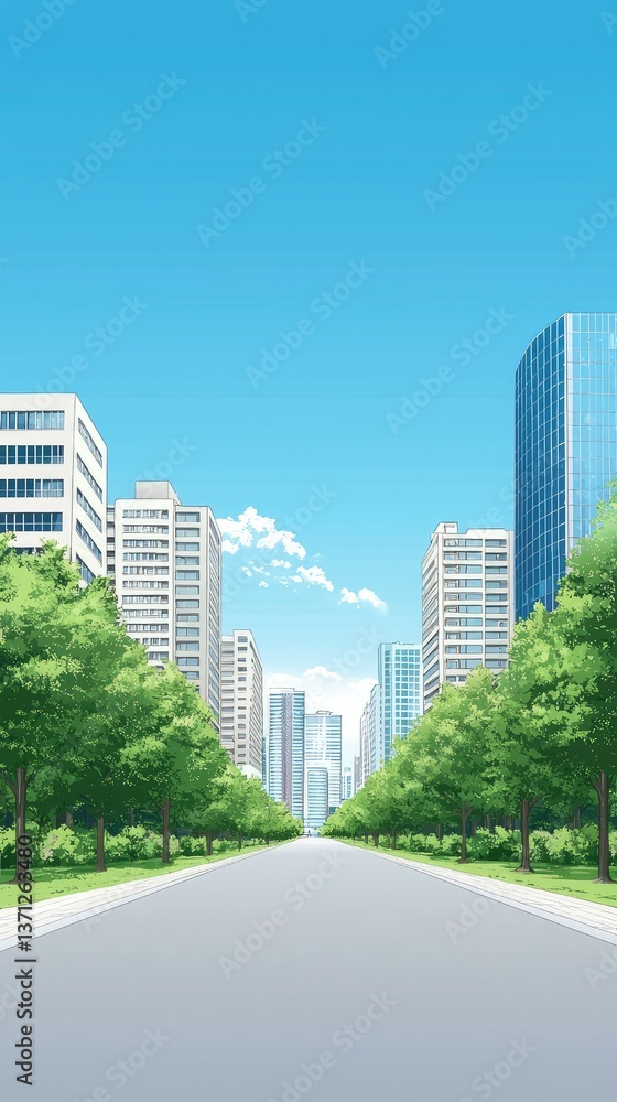 City street, summer, skyscrapers, trees, sunny. Background use