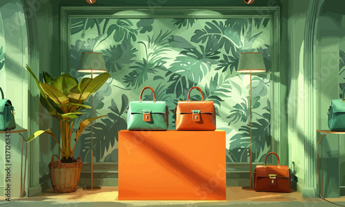 illustration of green handbags with brown handles placed on smooth orange pedestal in boutique against green wall illuminated with lamps