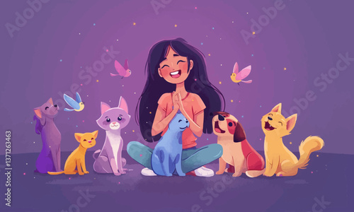 illustration of full body of delighted Hispanic teenage girl with dark hair in casual clothes smiling brightly while caressing cute fairy cat near colorful dogs against purple background