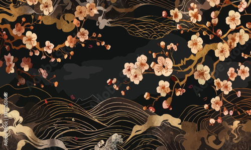 Illustration of Japanese background in gold and black with cherry blossom flower and branch decoration in vintage style.