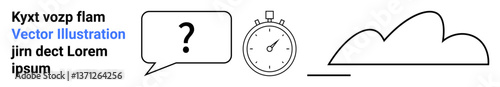 Speech bubble with question mark, analog stopwatch, and cloud outline. Ideal for brainstorming, planning, problem-solving, time tracking, communication, cloud technology simple landing page