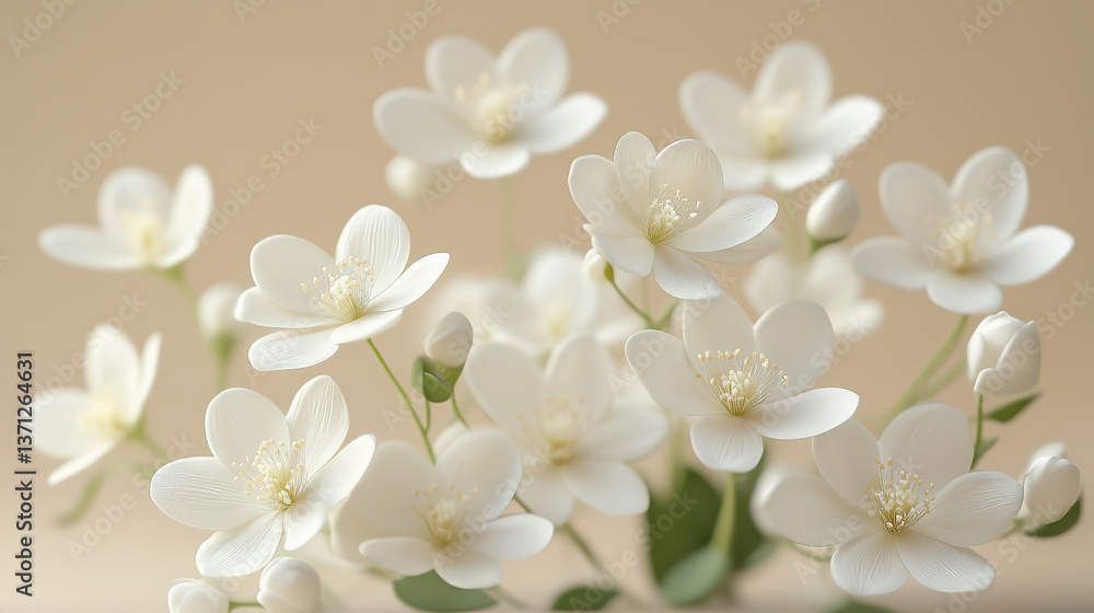 A bunch of white flowers, delicate and small with green leaves at the ends, arranged in an elegant display on a soft beige background A bunch of white flowers, delicate and small with green leaves at the ends, arranged in an elegant display on a soft beige background