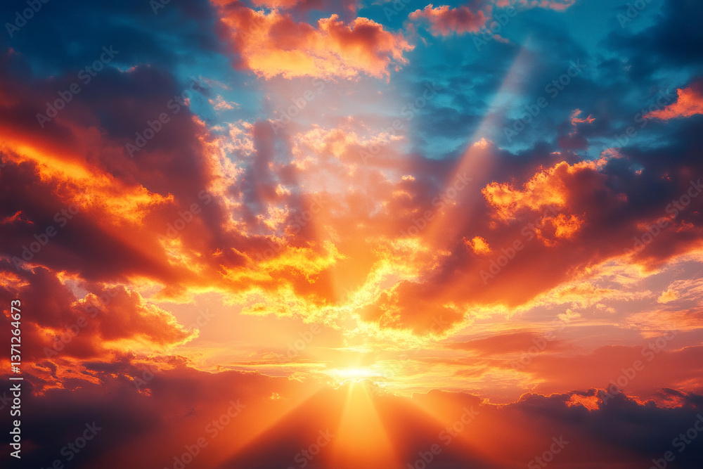 Fototapeta premium Cloud With Sun. Heavenly Sunset Sky and Sun Rays with Glowing Sunset Clouds