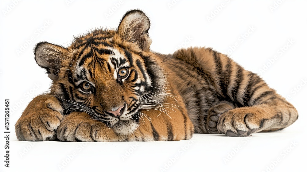 Obraz premium Playful Tiger Cub Relaxing on White Background Looking at Viewer