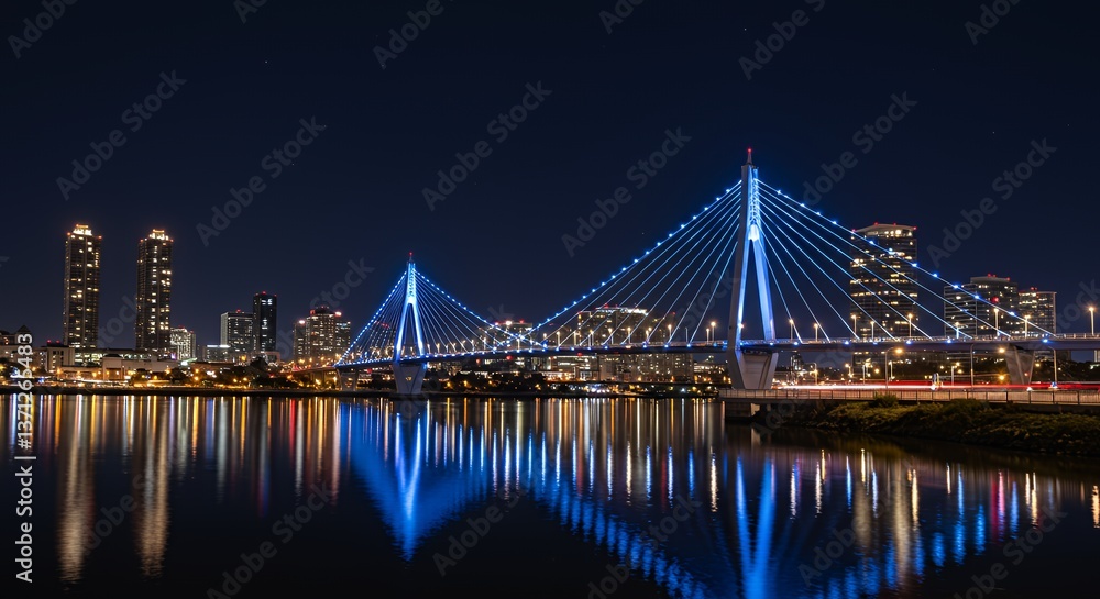 Fototapeta premium Illuminated Cable-Stayed Bridge over City at Night