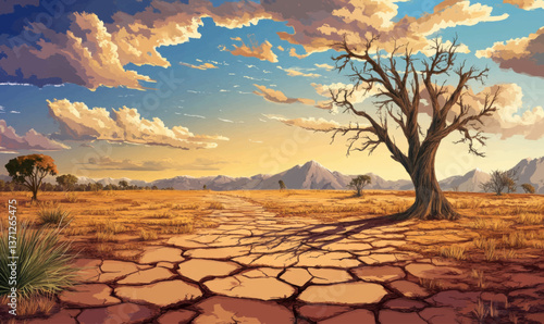 Arid desert landscape encroaching on farmlands, illustrating desertification due to climate change, Desertification, land degradation