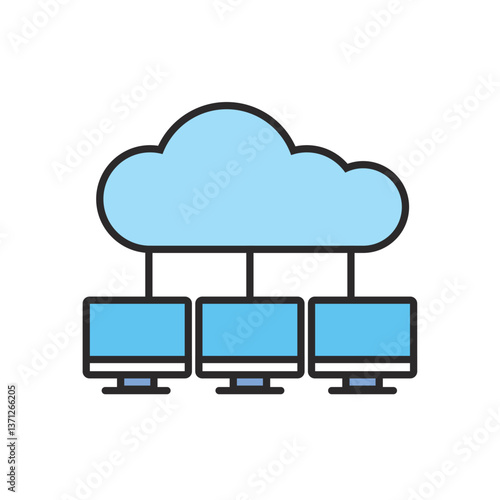 Vector illustration of cloud computing with multiple computer monitors connected to a central cloud, symbolizing data sharing and online network infrastructure