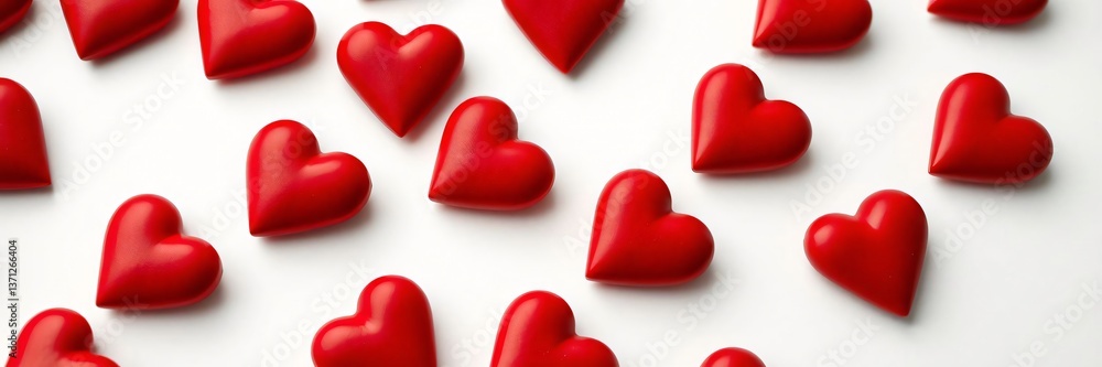 Fototapeta premium Red 3D hearts scattered on white background in romantic seamless pattern