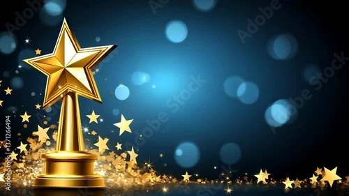 Golden star trophy shines brightly against a blue background with sparkling stars and bokeh lights