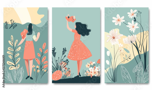 Collection of Spring greeting or invitation cards, Spring picnic, Easter, Woman's Day, Hello Spring. Editable Vector Illustration.