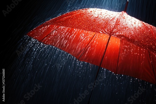Close up of a bright red umbrella in heavy rain against a dark background