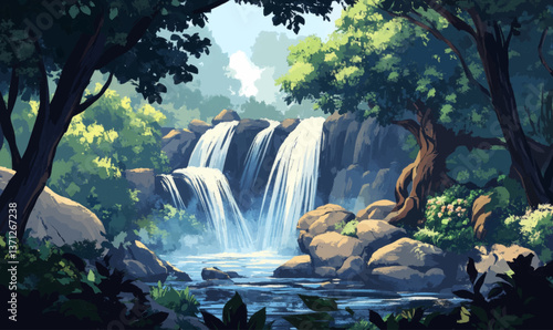 Creek in mountains, waterfall in the forest