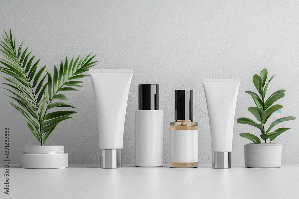 Elegant display of skincare products surrounded by fresh greenery on a minimalist countertop during a serene morning light Elegant display of skincare products surrounded by fresh greenery on a minimalist countertop during a serene morning light