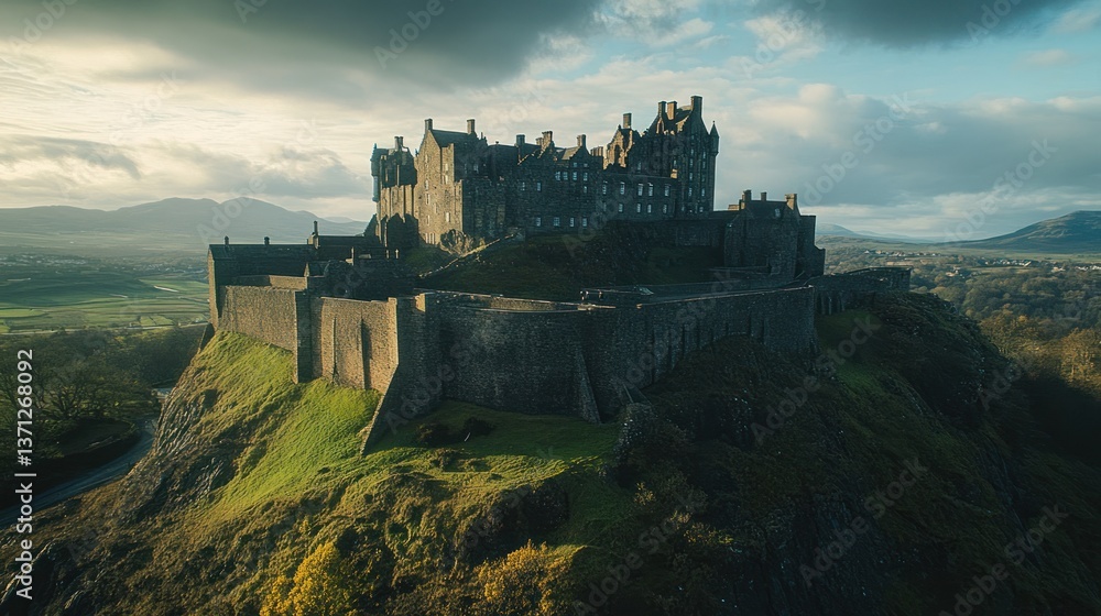 Fototapeta premium Majestic scottish castle perched atop a green hill under a cloudy sky scenery