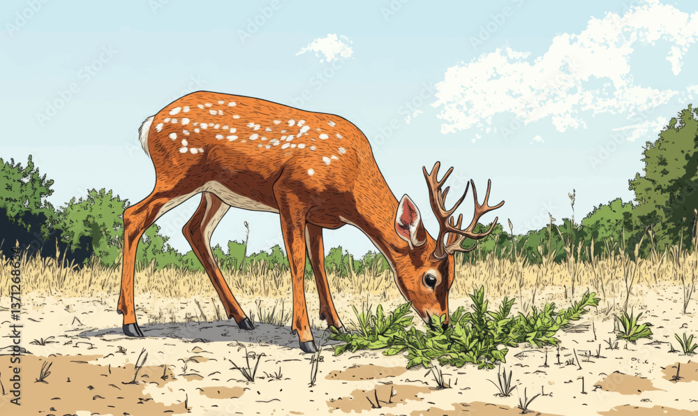 Naklejka premium Forced perspective illustration of a deer eating plants on the ground